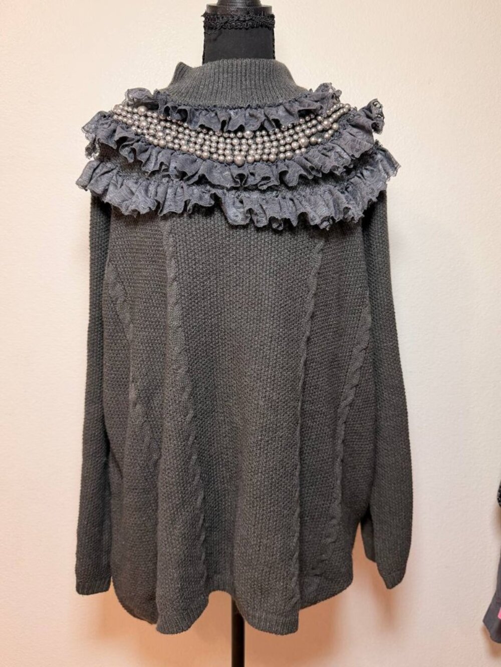 Plus Size Gray Chunky Knit Sweater Pearl Lace Ruffle Collar Gothic Romantic